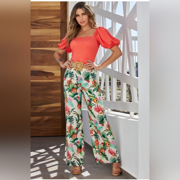 Boston Proper Tropical Floral Palazzo Pants Size M Lined NWOT - Picture 2 of 7